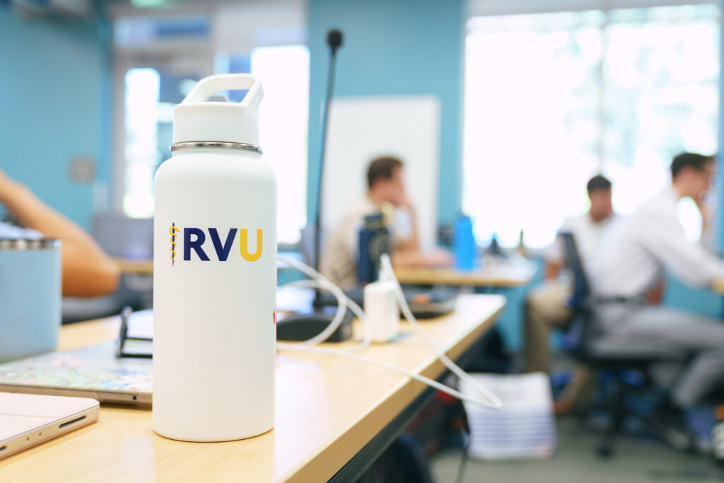 RVU water bottle in classroom on Utah Campus