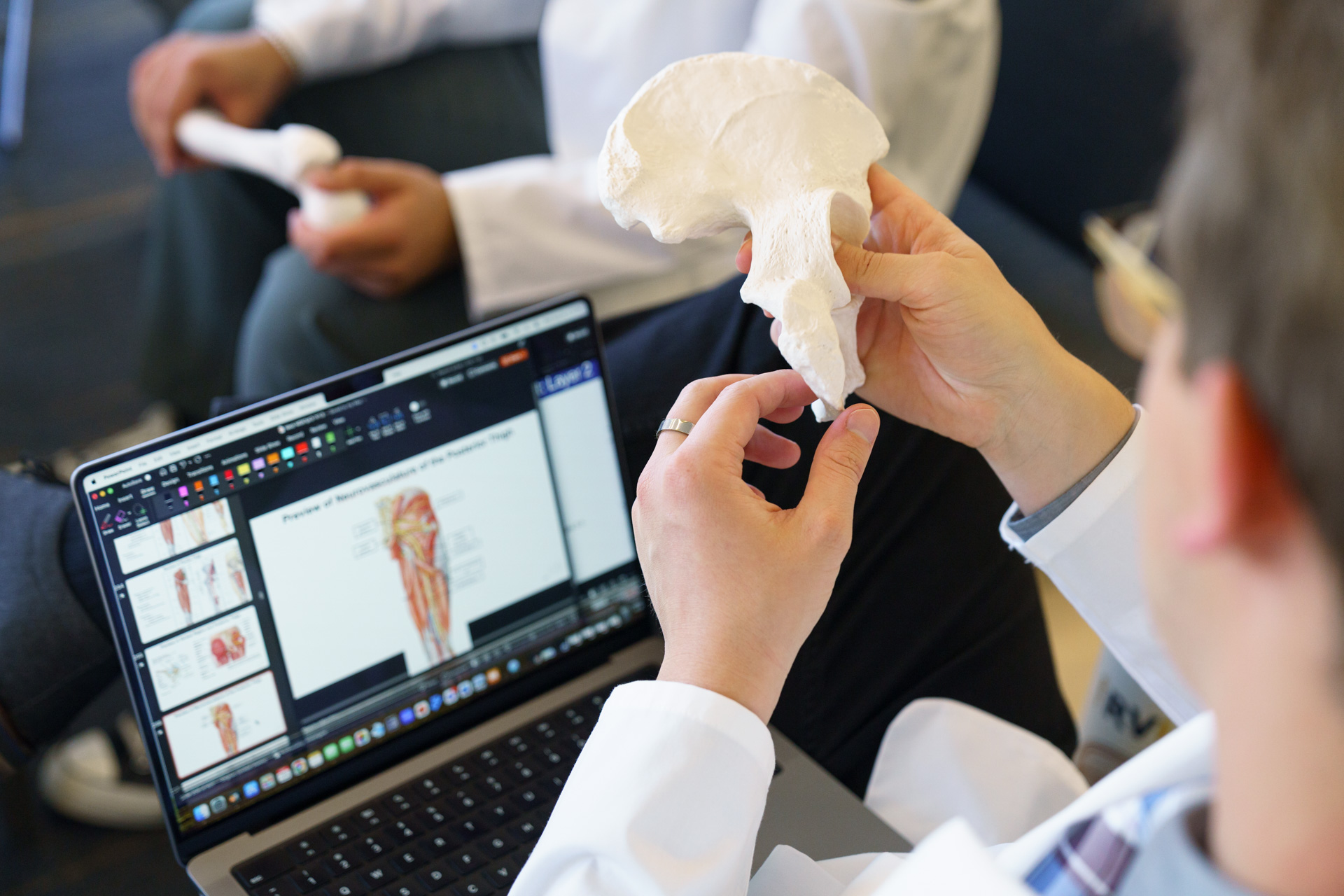 Man studying a piece of bone in front of a computer